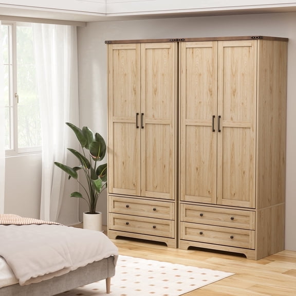 Brafabhome 71"H Armoire Wardrobe Closet with 2 Drawers, Farmhouse 2 Doors Armoire Cabinet with Hanging Rod, Modern Freestanding Wardrobe Clothes Cabinet for Bedroom | Nature(2 Set)