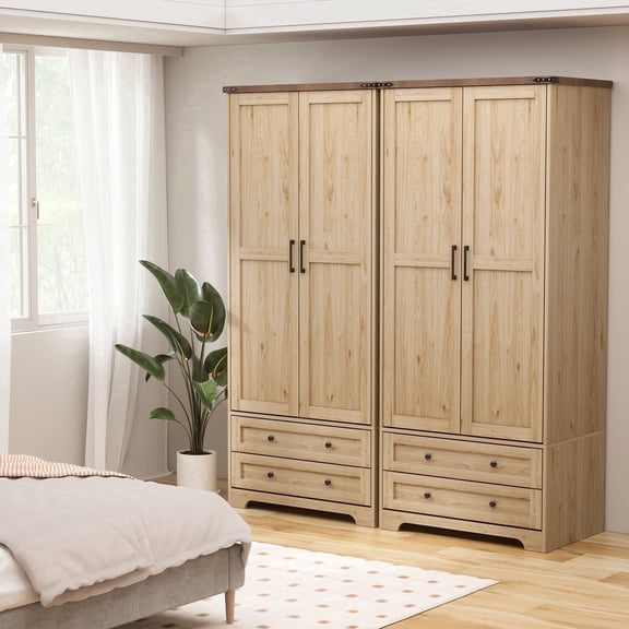 Brafabhome 71"H Armoire Wardrobe Closet with 2 Drawers, Farmhouse 2 Doors Armoire Cabinet with Hanging Rod, Modern Freestanding Wardrobe Clothes Cabinet for Bedroom | Nature(2 Set)
