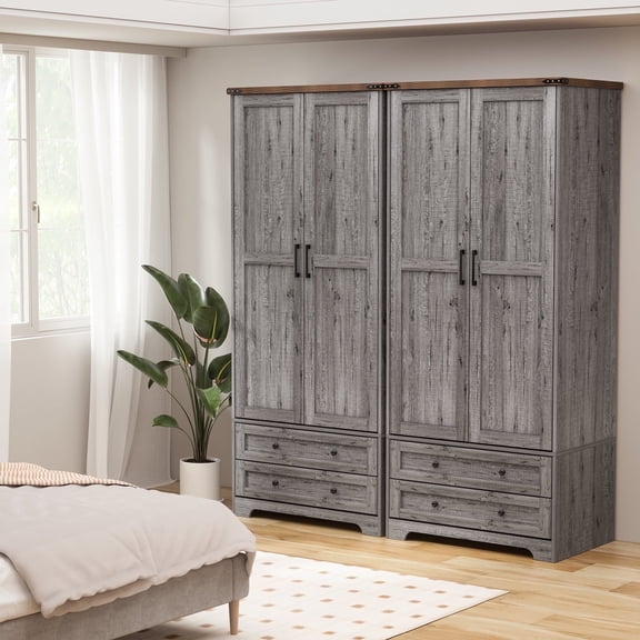 Brafabhome Farmhouse 4 Doors Armoire Wardrobe Closet, 71" Tall Freestanding Wardrobe Clothes Cabinet with Drawers and Hanging Rod for Bedroom | Gray