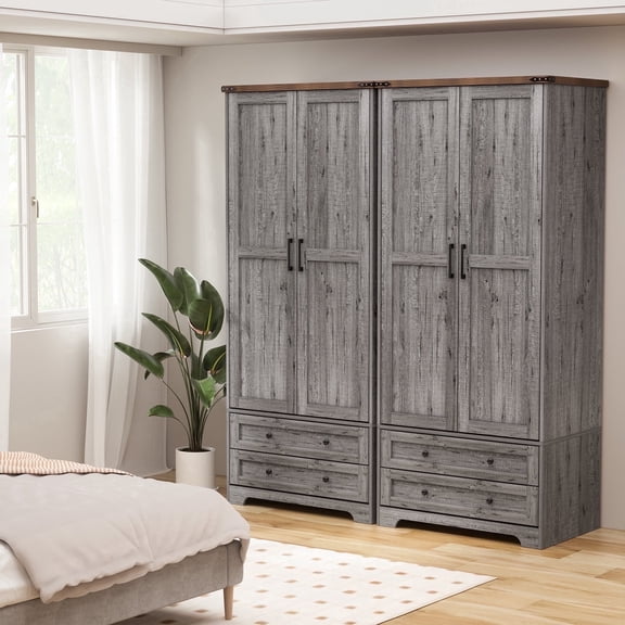 Brafabhome 71"H Armoire Wardrobe Closet with 2 Drawers, Farmhouse 2 Doors Armoire Cabinet with Hanging Rod, Modern Freestanding Wardrobe Clothes Cabinet for Bedroom | Gray(2 Set)