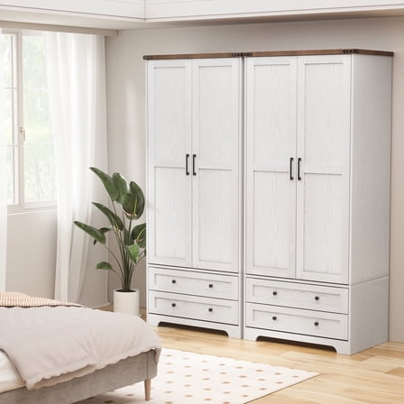 Brafabhome Farmhouse 4 Doors Armoire Wardrobe Closet, 71" Tall Freestanding Wardrobe Clothes Cabinet with Drawers and Hanging Rod for Bedroom | White
