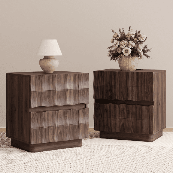 Brafabhome Fast Charing Nightstands Set of 2 with 2 Drawers, Wooden Bedside Table with Artistic 3D Embossed Panel, Farmhouse Night Stand with Storage for Bedroom, Walnut