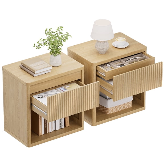 Brafabhome Fluted End Tables Set of 2 with Hidden Drawers, Modern Side Table with Open Shelves for Living Room, Mid-Century Curved Profile Nightstand for Bedroom | Nature