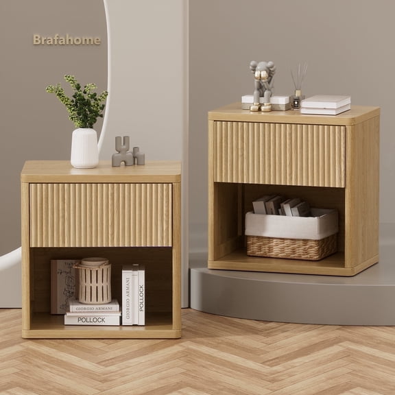 Brafabhome Fluted Nightstands with Drawers for Bedroom, Modern Curved Profile Bedside Table with Open Shelves, Accent End Table with Hidden Drawer for Living Room, Set of 2 | Nature