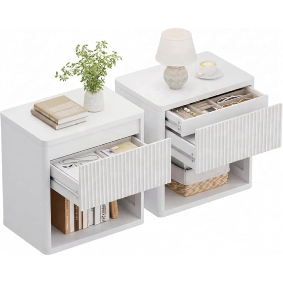 Brafabhome Fluted Nightstands with Drawers for Bedroom, Modern Curved Profile Bedside Table with Open Shelves, Accent End Table with Hidden Drawer for Living Room, Set of 2 | White