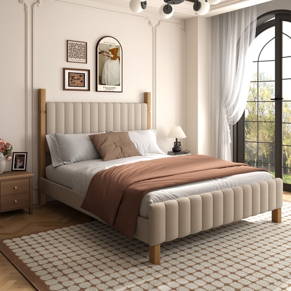 Brafabhome Full Bed Frame with Upholstered Headboard, Modern Wood Bed Frame with Solid Wood Posts, No Box Spring Needed, Beige Linen