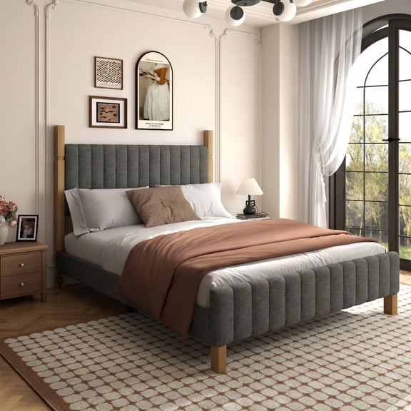Brafabhome Full Bed Frame with Upholstered Headboard, Modern Wood Bed Frame with Solid Wood Posts, No Box Spring Needed, Gray Linen
