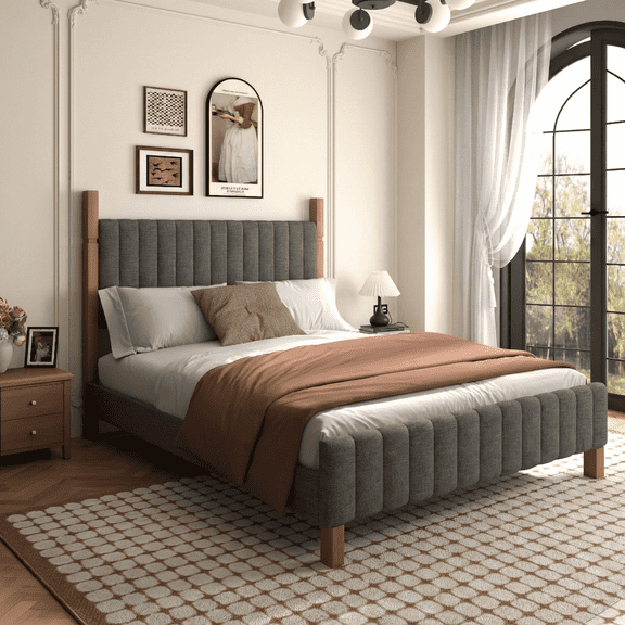 Brafabhome Full Bed Frame with Upholstered Headboard, Modern Wood Bed Frame with Solid Wood Posts, No Box Spring Needed, Gray Linen