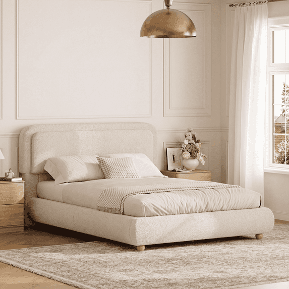 Brafabhome Full Size Bed Frame with Round Corner Headboard, Soft Boucle Cloud Upholstered Fluffy Platform Bed with Bump-Proof Edge Footboard for Adults, No Box Spring Needed | Khaki
