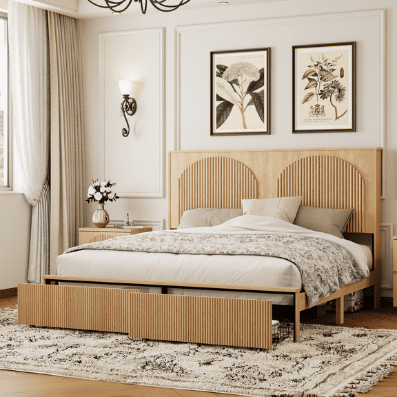 Brafabhome King Bed Frame with 52.4" Tall Headboard, Wooden Fluted Bed Frame with 2 Storage Drawers, Modern Arched Reeded Platform Bed, No Box Spring Needed, Natural Oak