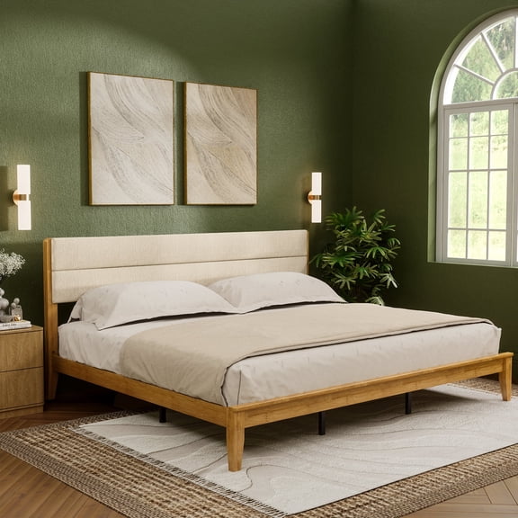 Brafabhome King Bed Frame with Upholstered Headboard, Joinery Bamboo Wood Platform Bed with Noise Free Wood Slats, No Box Spring Needed, Easy Assembly | Natural
