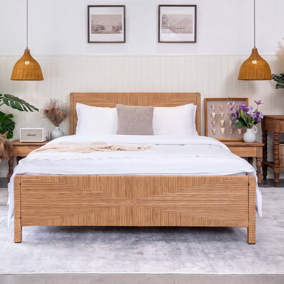 Brafabhome King Bed Frame with Headboard and Footboard, Boho 3D Hand-Woven PE Rattan Bed Frame with Metal Slats, No Box Spring Needed, 1000 lbs