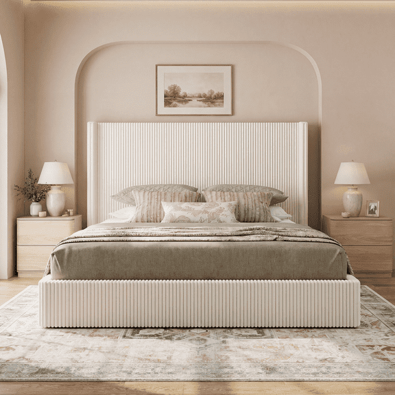 Brafabhome King Bed Frame with Lift Up Storage, Corduroy Upholstered Platform Bed with 51.2" Tall Wingback Headboard, No Box Spring Needed | Beige