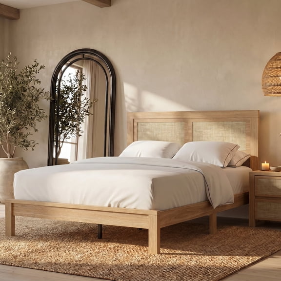 Brafabhome King Bed Frame with Rattan Headboard, Wood Bed Frame Modern Platform Bed with Thicken Slats, No Box Spring Needed, 1000lbs