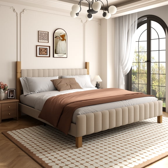 Brafabhome King Bed Frame with Upholstered Headboard, Modern Wood Bed Frame with Solid Wood Posts, No Box Spring Needed, Beige Linen