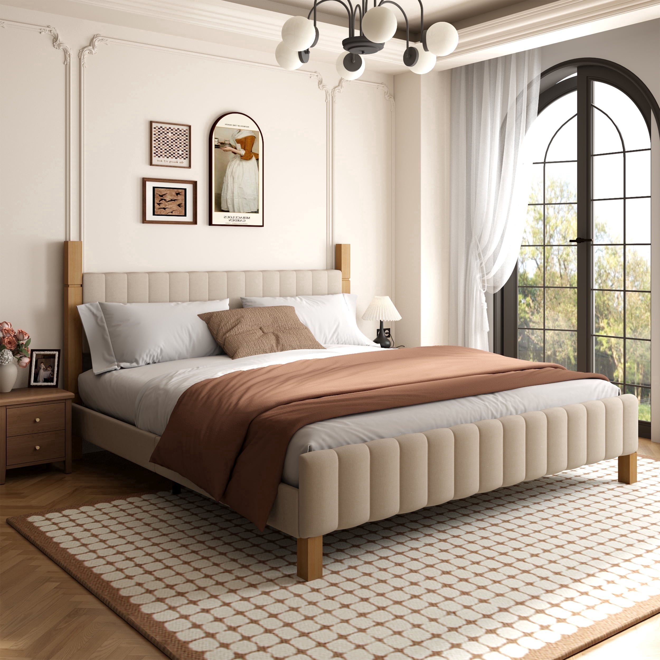 Brafabhome King Bed Frame with Upholstered Headboard, Modern Wood Bed Frame with Solid Wood Posts, No Box Spring Needed, Beige Linen
