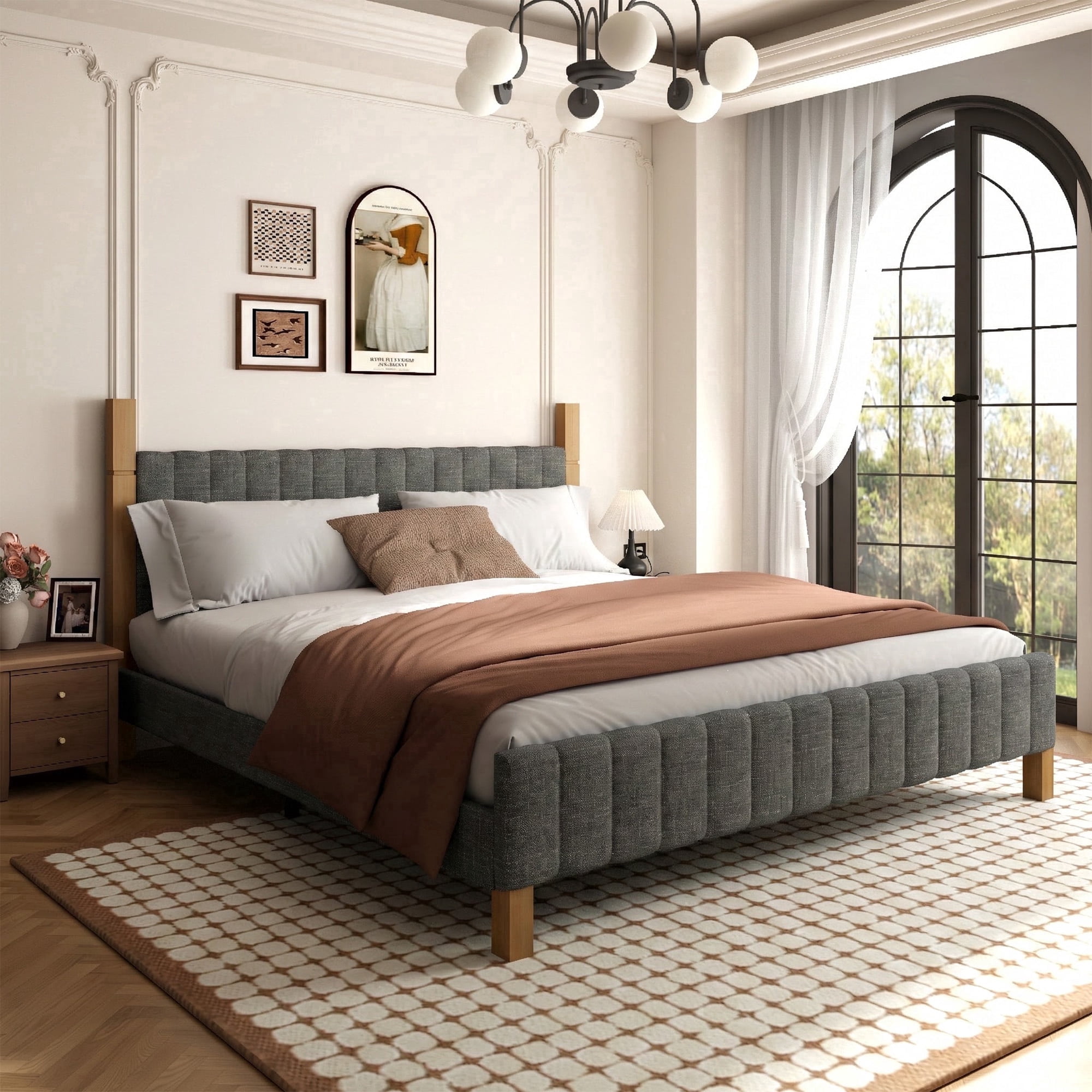 Brafabhome King Bed Frame with Upholstered Headboard, Modern Wood Bed Frame with Solid Wood Posts, No Box Spring Needed, Gray Linen