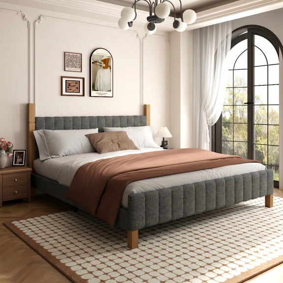 Brafabhome King Bed Frame with Upholstered Headboard, Modern Wood Bed Frame with Solid Wood Posts, No Box Spring Needed, Gray Linen