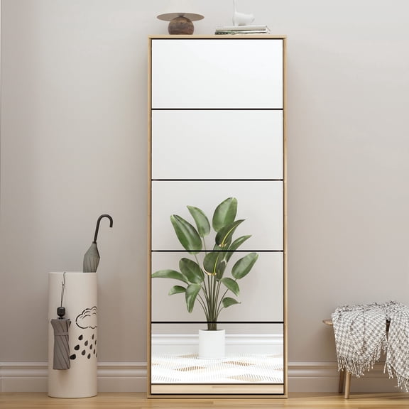Brafabhome Mirror 5 Tiers Shoe Storage Cabinet for Hallway, 5 Doors 30 Pairs Shoe Rack Organizer with Adjustable Shelves, Freestanding Shoe Cabinet for Slippers Sneakers | Nature