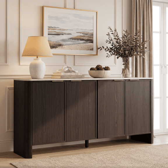 Brafabhome Modern Curved Buffet Cabinet with Storage, 63" Wide Wooden Modular Sideboard Cabinet with Faux Marble Top & Adjustable Shelf for Living Room Dining Room | Walnut