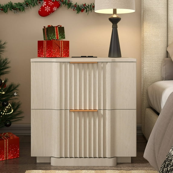 Brafabhome Nightstand with Fast Charging Station, Curved Profile Fluted Night Stand with 2 Drawers, Modern Bedside Table Accent End Table for Bedroom Living Room | White