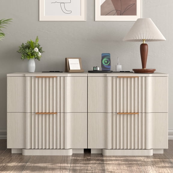 Brafabhome Nightstand with Fast Charging Station, Curved Profile Fluted Night Stand with 2 Drawers, Modern Bedside Table Accent End Table for Bedroom Living Room | White Set of 2