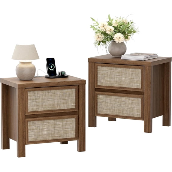 Brafabhome Set of 2 Nightstands with Fast Charging Station, Rattan 2 Drawers Storage Bedside Table Modern Night Stand for Bedroom Living Room | Walnut