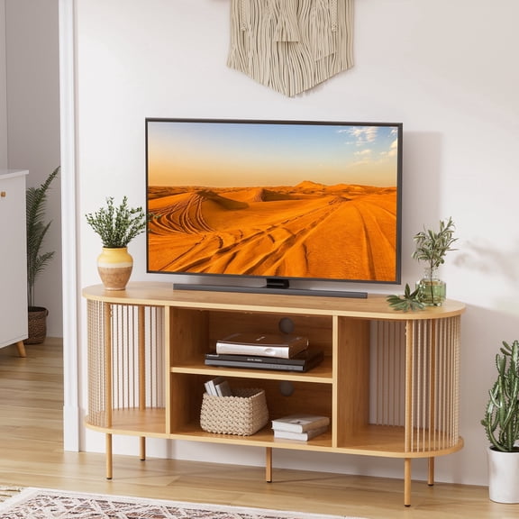 Brafabhome Oval Boho Natural Rope Woven TV Stand up to 60" TV, Mid-Century Media Console Table with Storage Shelf for Living Room, Modern Entertainment Center for Bedroom | Beige