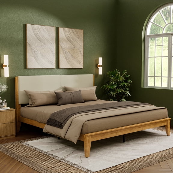 Brafabhome Queen Bed Frame with Upholstered Headboard, Joinery Bamboo Wood Platform Bed with Noise Free Wood Slats, Easy Assembly, No Box Spring Needed | Natural Linen