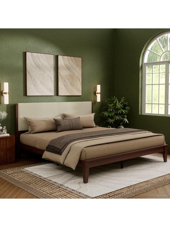 Queen Bed Frame with Upholstered Headboard, Joinery Bamboo Wood Platform Bed with Noise Free Wood Slats, Easy Assembly, No Box Spring Needed | Walnut Linen