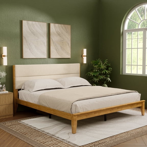 Brafabhome Queen Bed Frame with Upholstered Headboard, Joinery Bamboo Wood Platform Bed with Noise Free Wood Slats, No Box Spring Needed, Easy Assembly | Natural