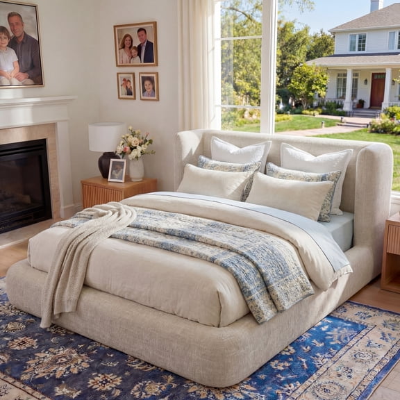Brafabhome Queen Bed Frame with Wingback Headboard, Cloud Upholstered Platform Bed with 6.3" Thick Fully Padded, No Box Spring Needed, Tool-Free Assembly | Khaki