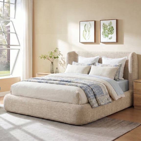 Brafabhome Wingback Queen Bed Frame with Cloud Upholstered Headboard, Modern Platform Bed with 6.3" Thick Fully Padded, No Box Spring Needed, Tool-Free Assembly | Khaki