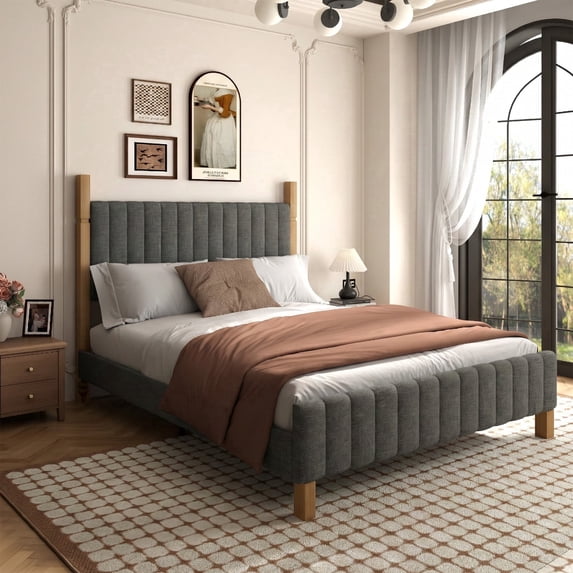 Brafabhome Queen Bed Frame with Upholstered Headboard, Modern Wood Bed Frame with Solid Wood Posts, No Box Spring Needed, Gray Linen