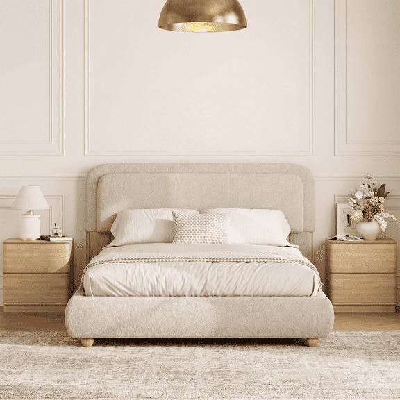 Brafabhome Queen Size Bed Frame with Round Corner Headboard, Soft Boucle Cloud Upholstered Fluffy Platform Bed with Bump-Proof Edge Footboard for Adults, No Box Spring Needed | Khaki