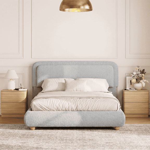 Brafabhome Queen Size Bed Frame with Round Corner Headboard, Soft Boucle Cloud Upholstered Fluffy Platform Bed with Bump-Proof Edge Footboard for Adults, No Box Spring Needed | Gray&Blue