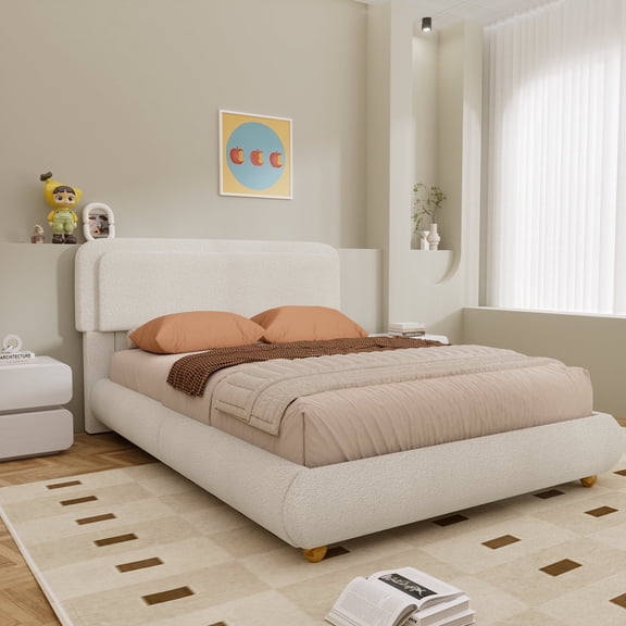 Brafabhome Queen Size Bed Frame with Round Corner Headboard, Soft Boucle Cloud Upholstered Fluffy Platform Bed with Bump-Proof Edge Footboard for Adults, No Box Spring Needed | Beige