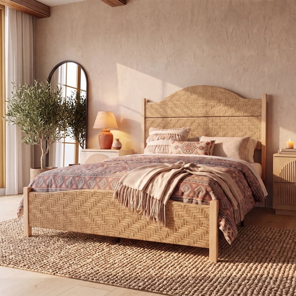 Brafabhome Queen Size Bed Frame with Tall Headboard, Bohemian Hand-Woven PE Rattan Bedframe with Solid Wood Legs, No Box Spring Needed, 800lbs