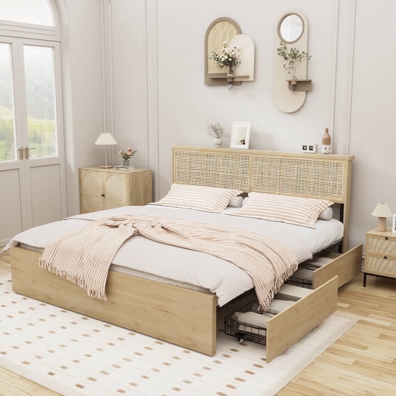 Brafabhome Rattan Queen Bed Frame with Headboard and Footboard, Sturdy Wood Platform Bed Frame with 4 Storage Drawers for Bedroom | Beige