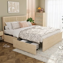 Brafabhome Rattan Queen Bed Frame with Headboard and Footboard, Sturdy Wood Platform Bed Frame with 4 Storage Drawers for Bedroom | Beige