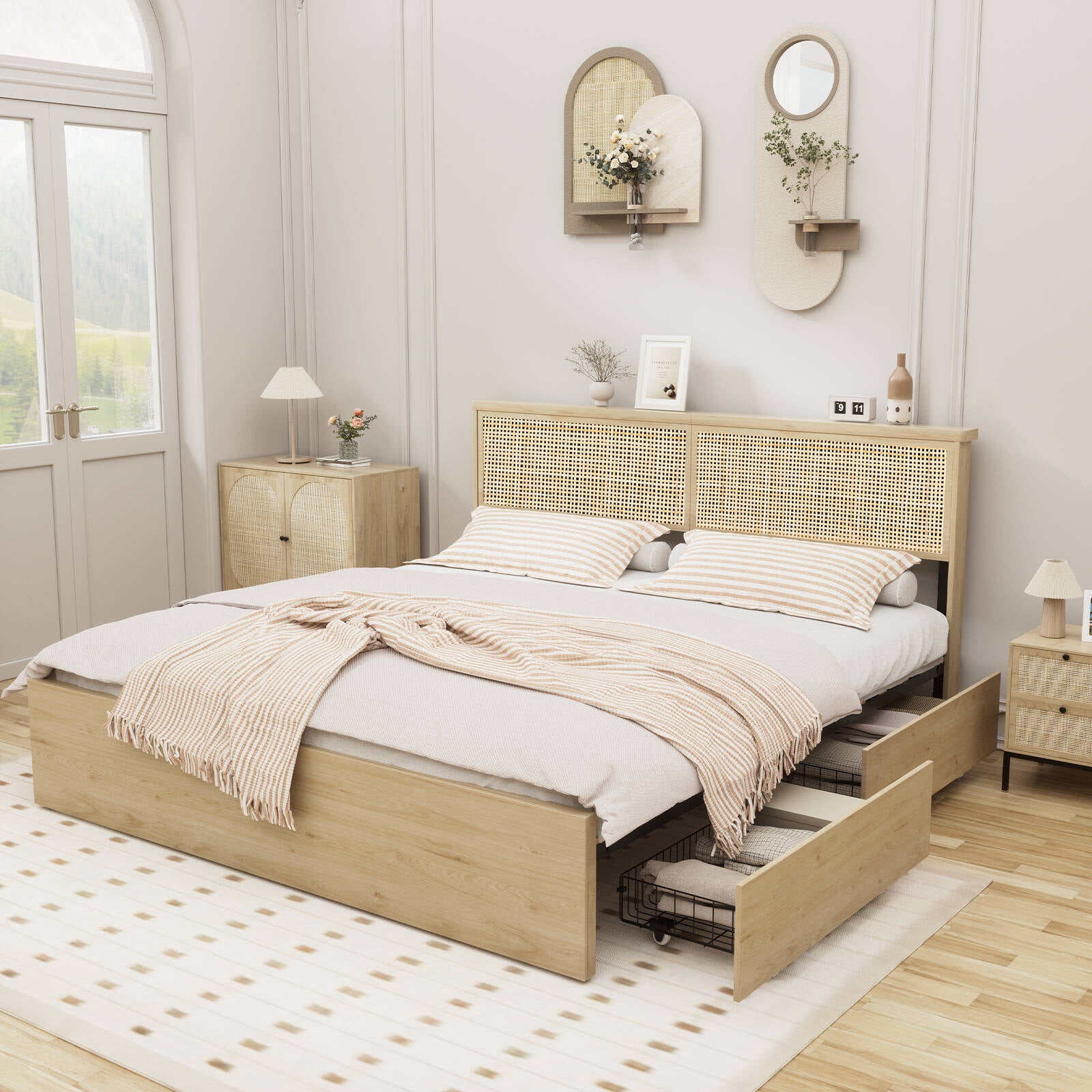 Yechen Queen Bed Frame, Natural Rattan Headboard, Wooden