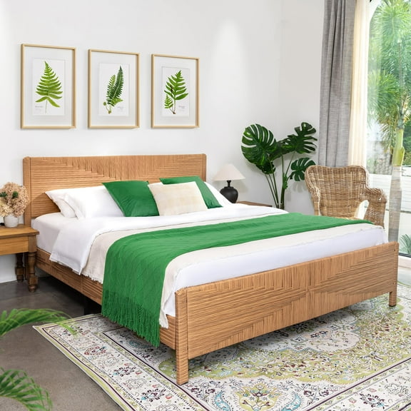 brafabhome Hand-Woven King Bed Frame with Headboard and Footboard, No Box Spring Needed, 1000lbs