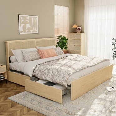 Brafabhome Rattan King Size Bed Frame with Headboard and Footboard, Wood Platform Bed Frame with 4 Storage Drawers for bedroom, No Box Spring Needed | Beige