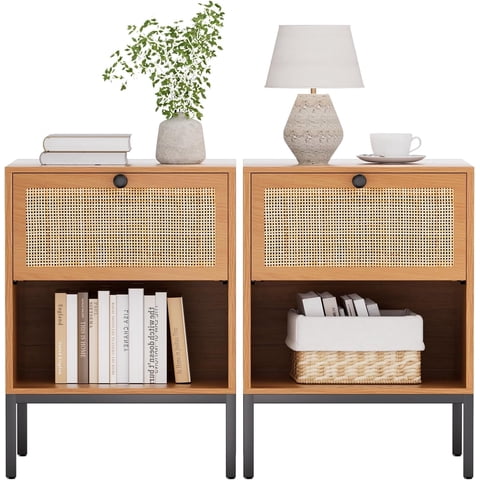 Brafabhome Rattan Nightstands with Drawer, Modern Bedside Tables with Open Storage Shelf for Bedroom, Accent Sofa End Table with Steel Legs for Living Room, Set of 2 | Brown