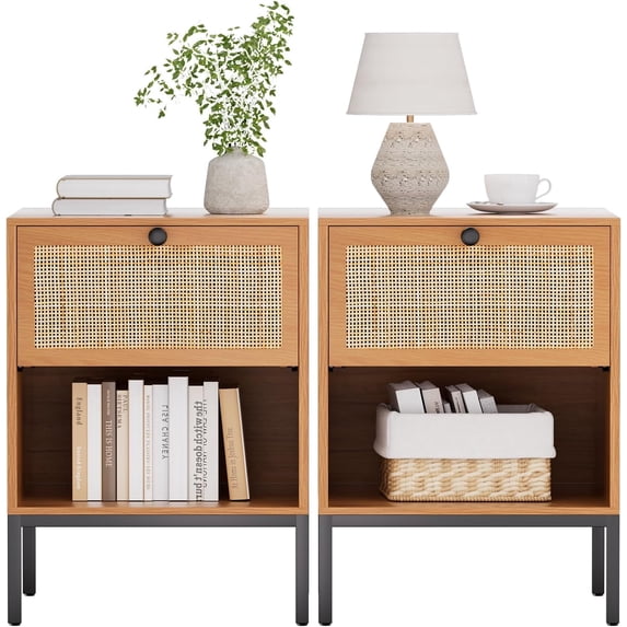 Brafabhome Rattan Nightstands with Drawer, Modern Bedside Tables with Open Storage Shelf for Bedroom, Accent Sofa End Table with Steel Legs for Living Room, Set of 2 | Brown