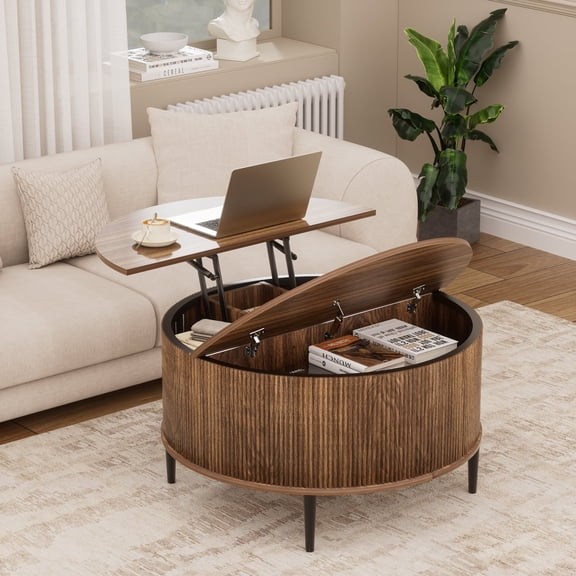 Brafabhome Round Lift Top Coffee Table with Storage, 31.5" Flip-top Fluted Cocktail Table, Mid-Century Modern Center Table for Living Room | Natural