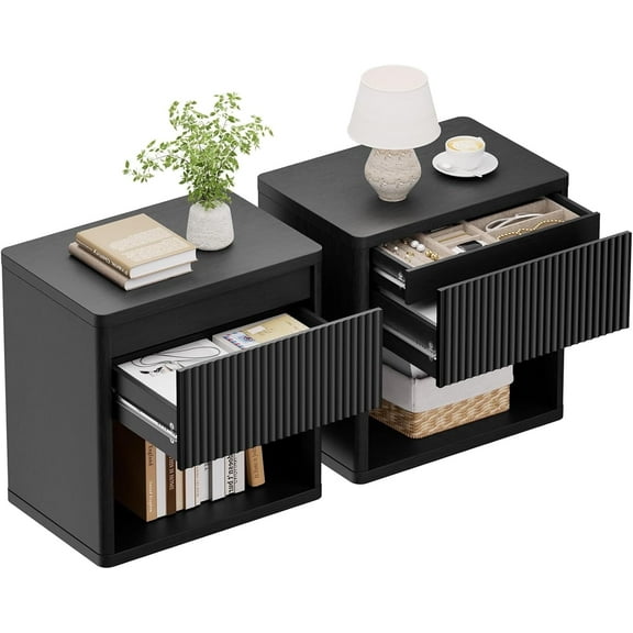 Brafabhome Set of 2 End Tables with Drawer for Living Room, Modern Fluted Side Tables with Hidden Drawer, Wooden Nightstands with Open Storage Shelf for Bedroom | Black