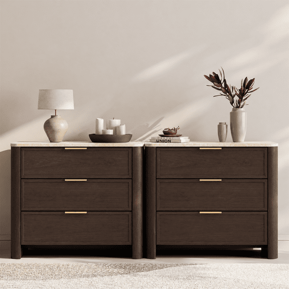 Brafabhome Set of 2 Modern Nightstands with 3 Large Drawers, Elegant Marble Top Bedside Table with Soft Curved Edges, suitable for Bedroom or Living Room, Walnut