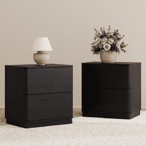Brafabhome Set of 2 Nightstands with 2 Drawers, Curved Profile Night Stand with Push to Open Drawer, Modern Bedside Tables with Storage for Bedroom, Black