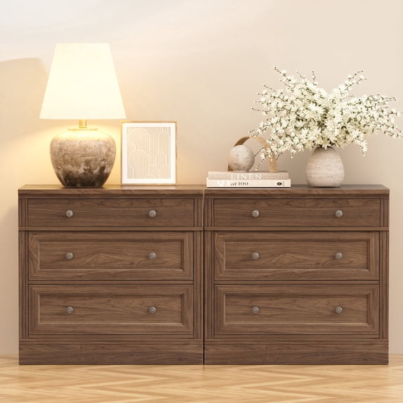Brafabhome Set of 2 Nightstands with 3 Drawers, Wooden Bedside Table with Vintage Handles, 31.5" Oversized Extra Large Night Stand with Storage for Bedroom, Walnut